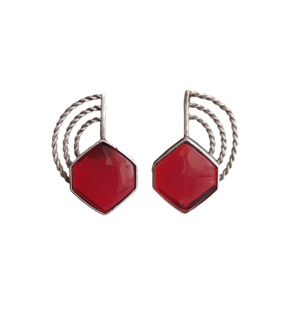 Brass Silver Plated Red Stone Stud Earrings - Image 2