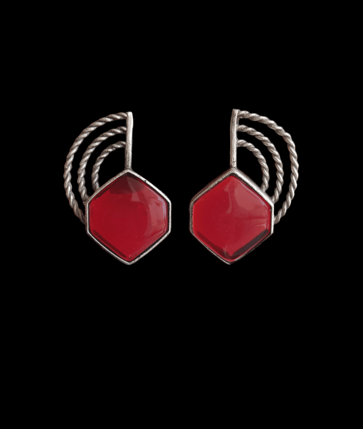 Brass Silver Plated Red Stone Stud Earrings - Image 3