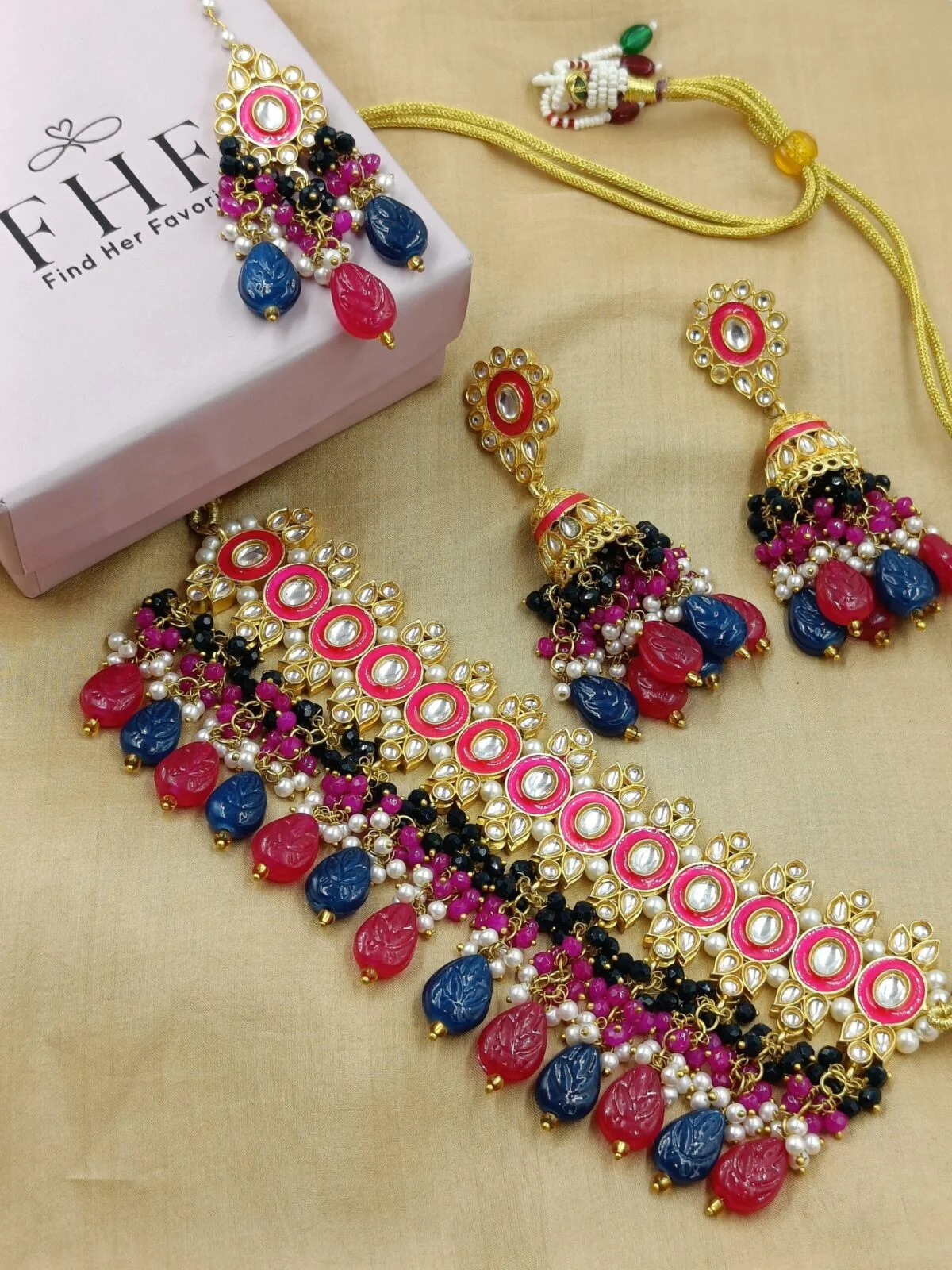Gold Plated Pink Blue Kundan Beaded Necklace Set
