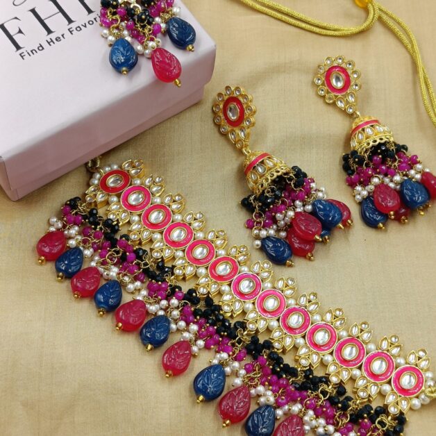 Gold Plated Pink Blue Kundan Beaded Necklace Set