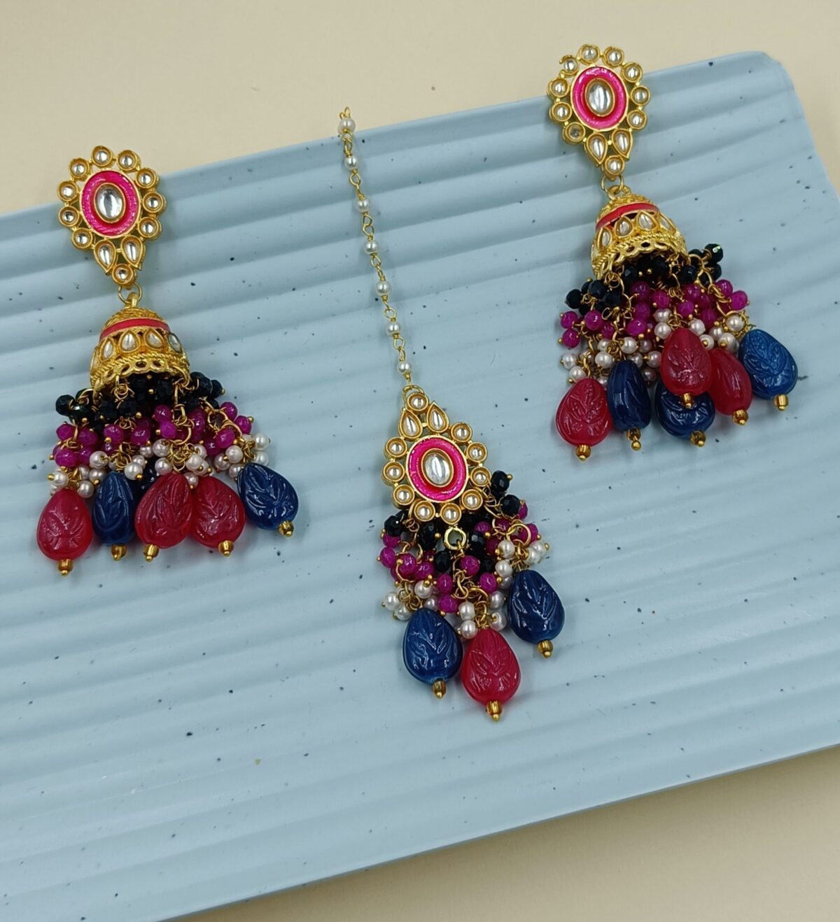 Gold Plated Pink Blue Kundan Beaded Necklace Set - Image 5