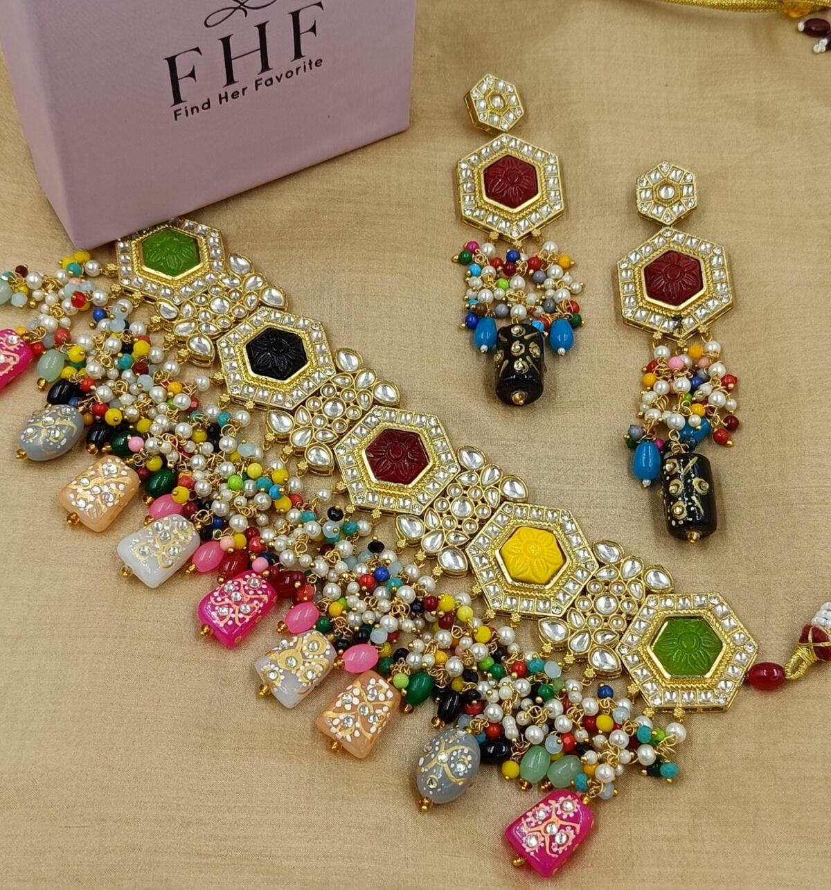 Gold Plated Multicolor Stone Kundan Necklace Set