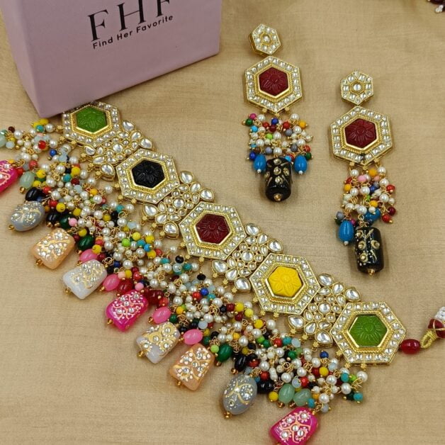 Gold Plated Multicolor Stone Kundan Necklace Set