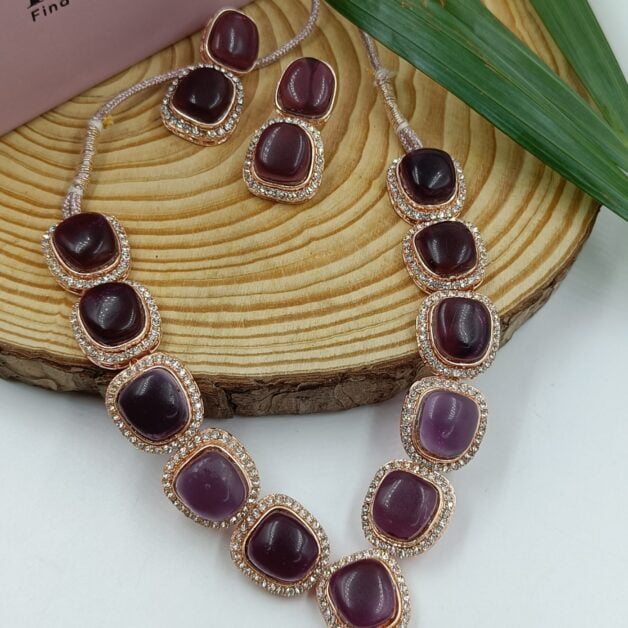 Rose Gold Plated Big Stone Necklace Set- Purple