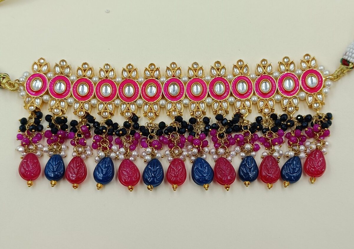 Gold Plated Pink Blue Kundan Beaded Necklace Set - Image 3