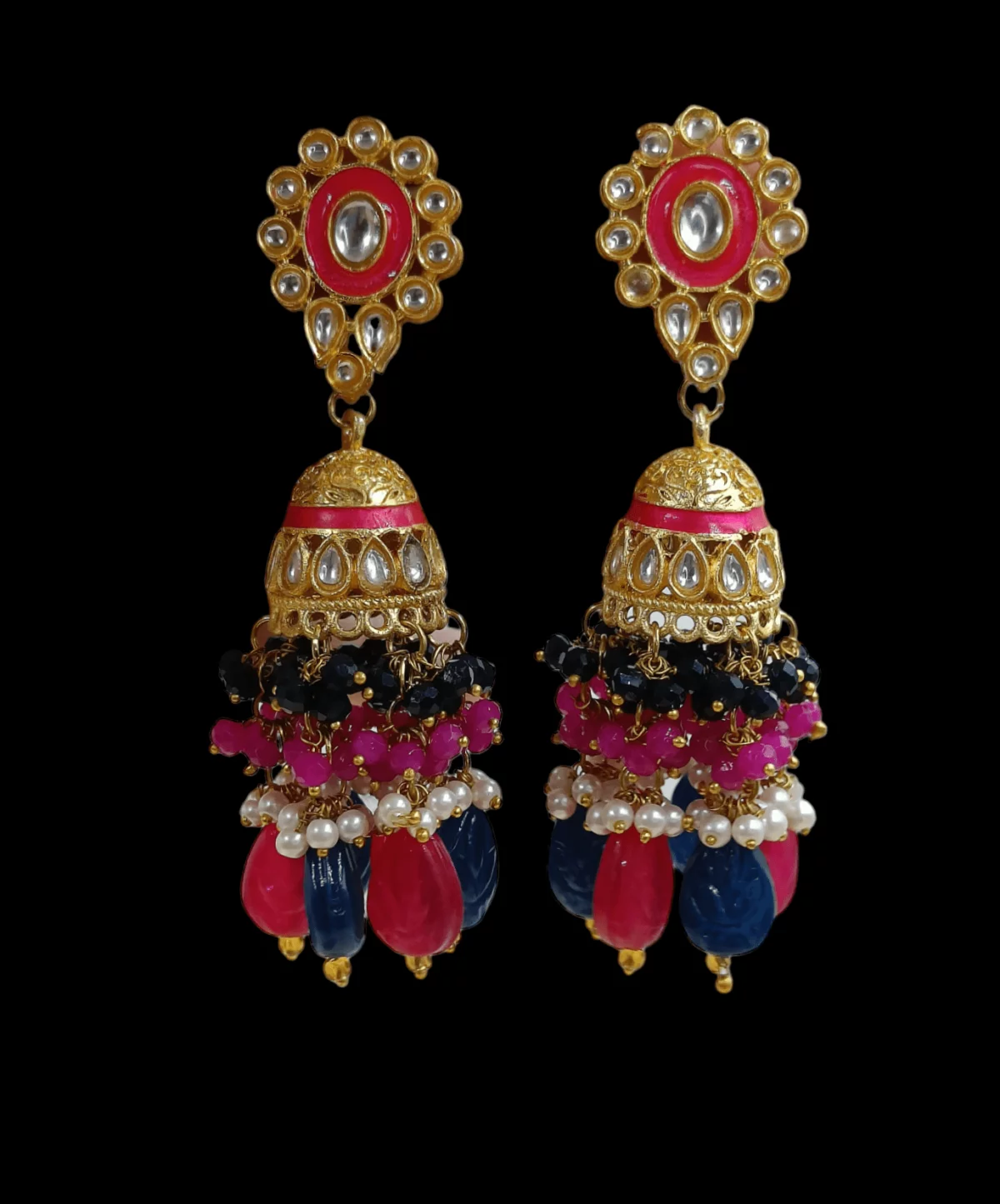 Gold Plated Pink Blue Kundan Beaded Necklace Set - Image 4