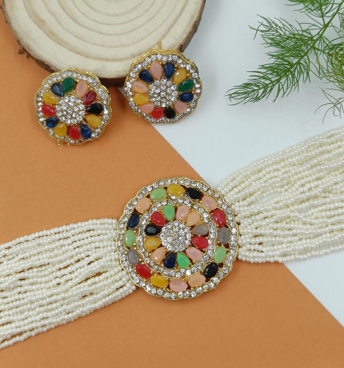 Multicolor Stone Choker Necklace Set - Image 3