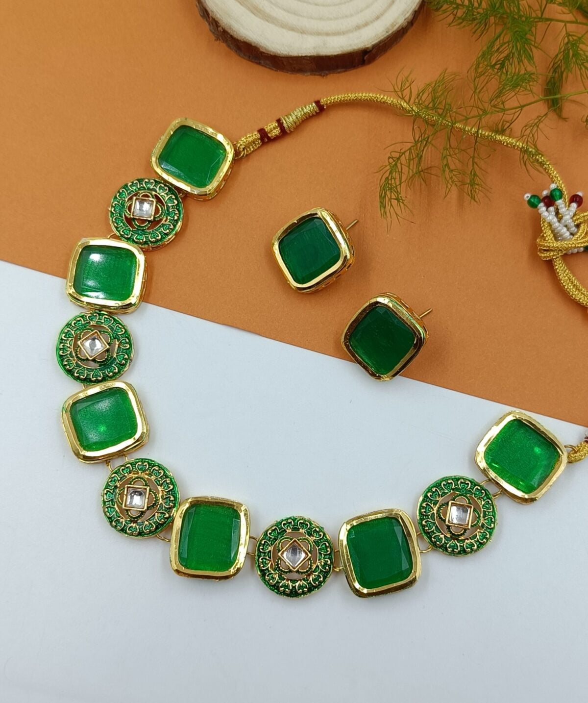 Gold Plated Designer Green Kundan Meenakari Necklace Set