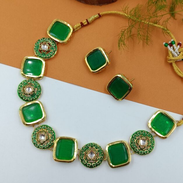 Gold Plated Designer Green Kundan Meenakari Necklace Set
