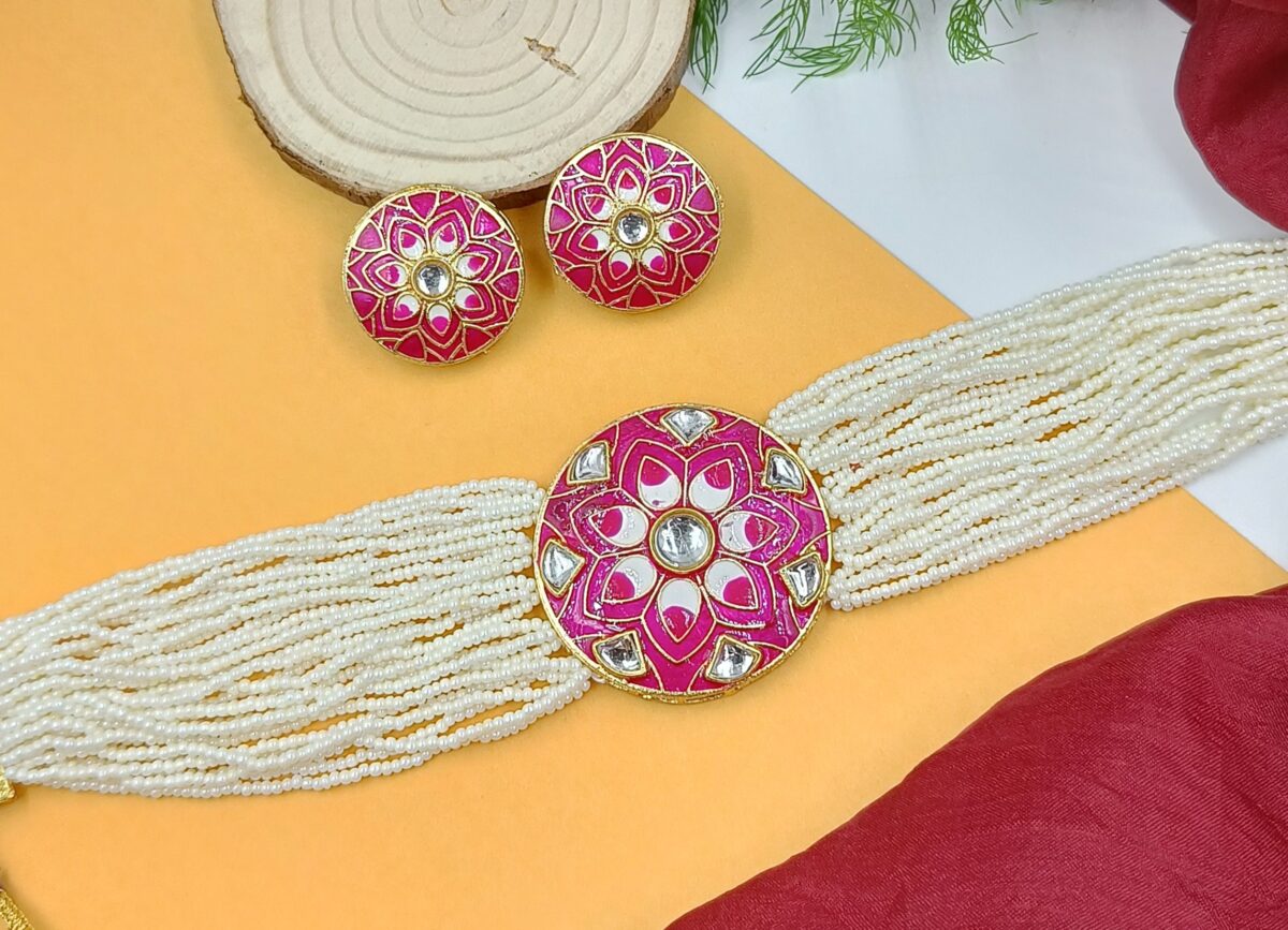 Hand Painted Pink Meenakari Choker Necklace Set