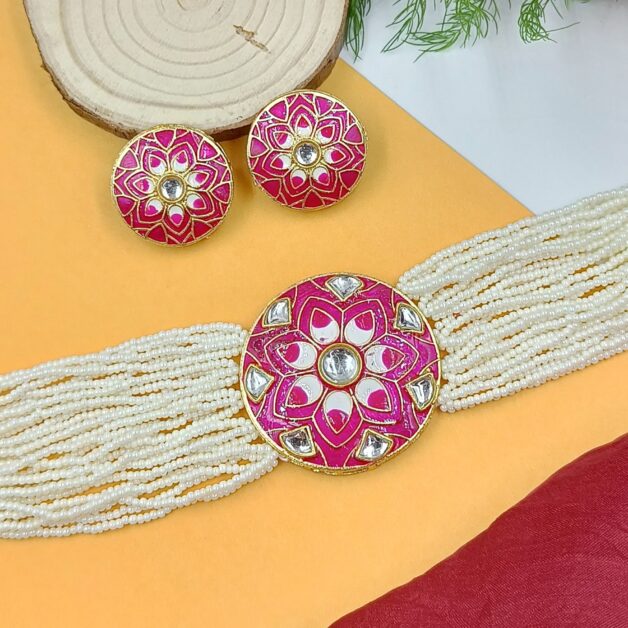 Hand Painted Pink Meenakari Choker Necklace Set