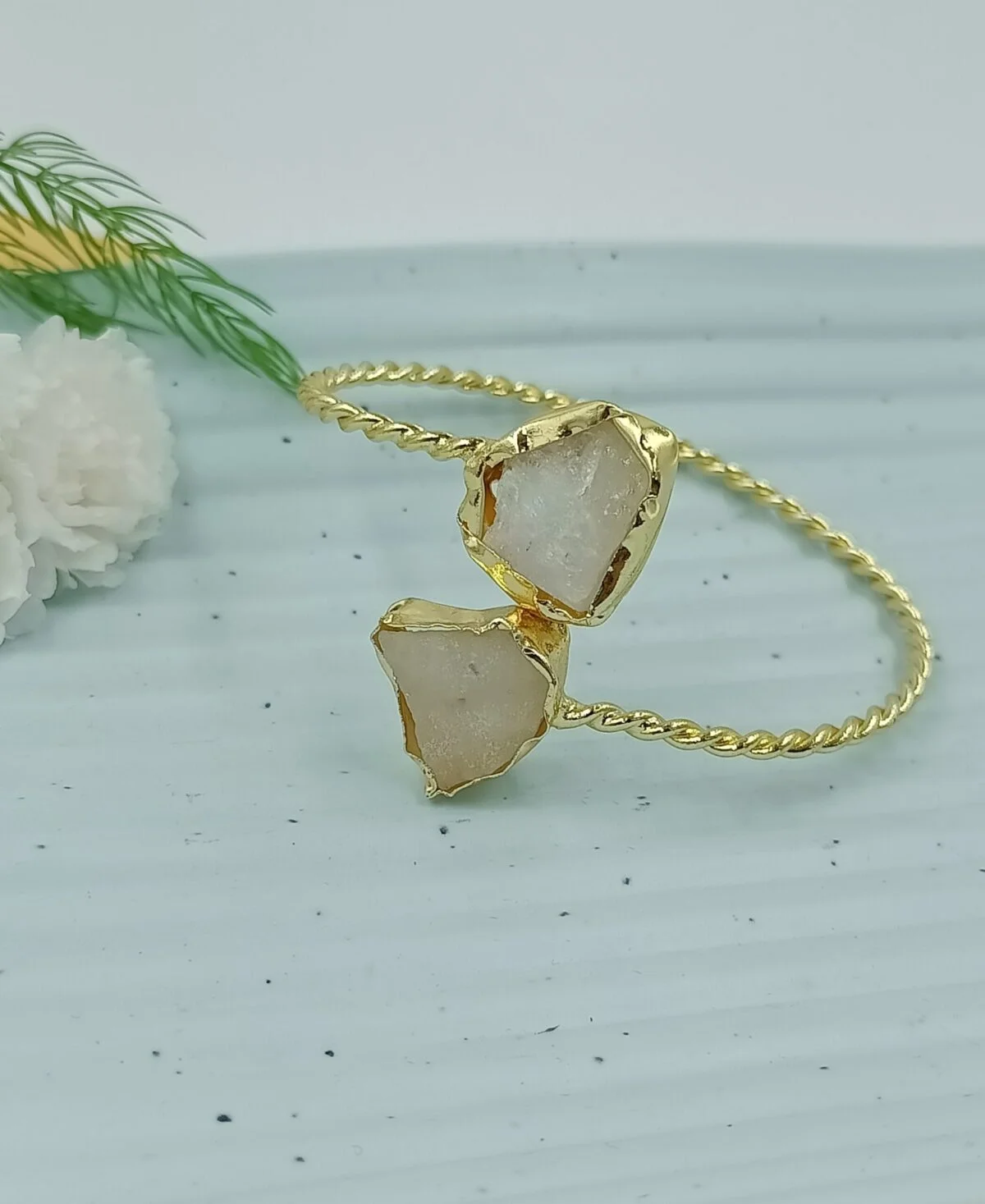 Gold Plated Brass Semi Precious Stone Bracelet (2 white stone) - Image 2
