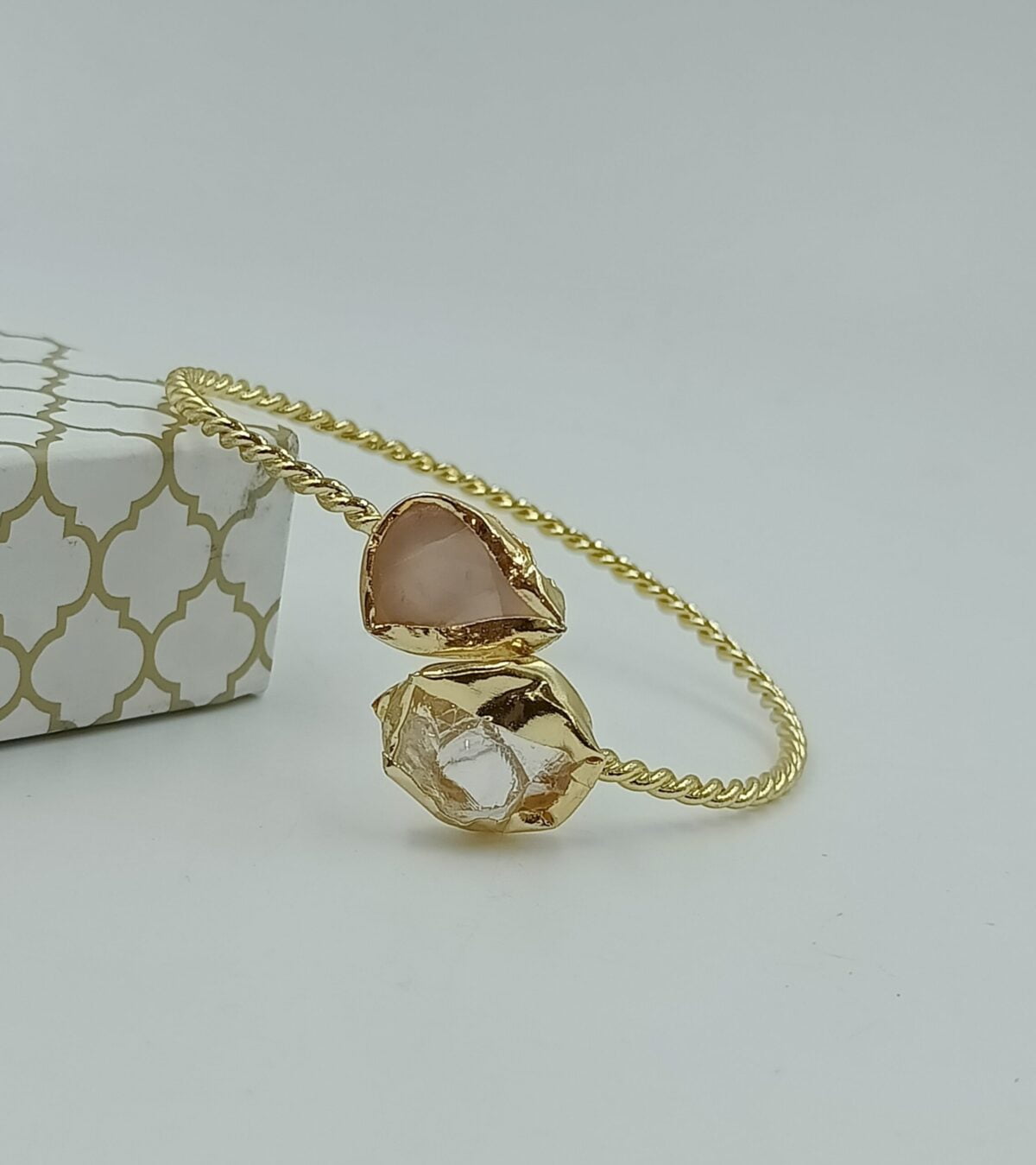 Gold Plated Brass Semi Precious Stone Bracelet (Pink & White Stone) - Image 2