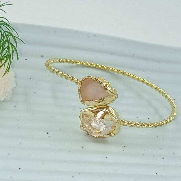 Gold Plated Brass Semi Precious Stone Bracelet (Pink & White Stone)