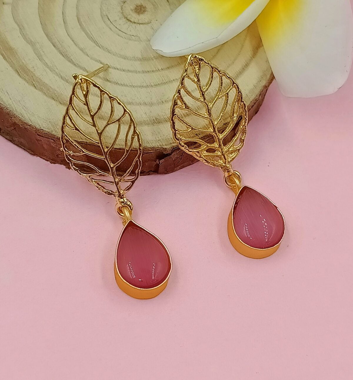 Gold Plated Designer Leaf Drop Pink Stone Earrings