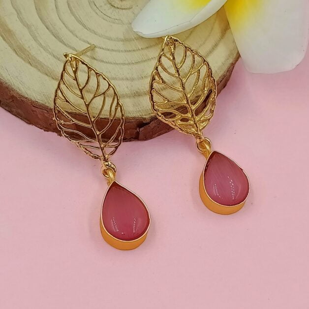 Gold Plated Designer Leaf Drop Pink Stone Earrings