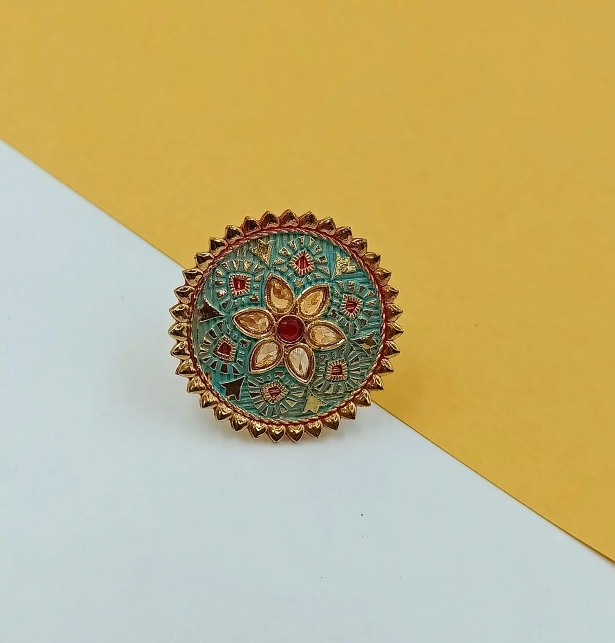 Gold Plated Adjustable Green Meenakri Ring(16)