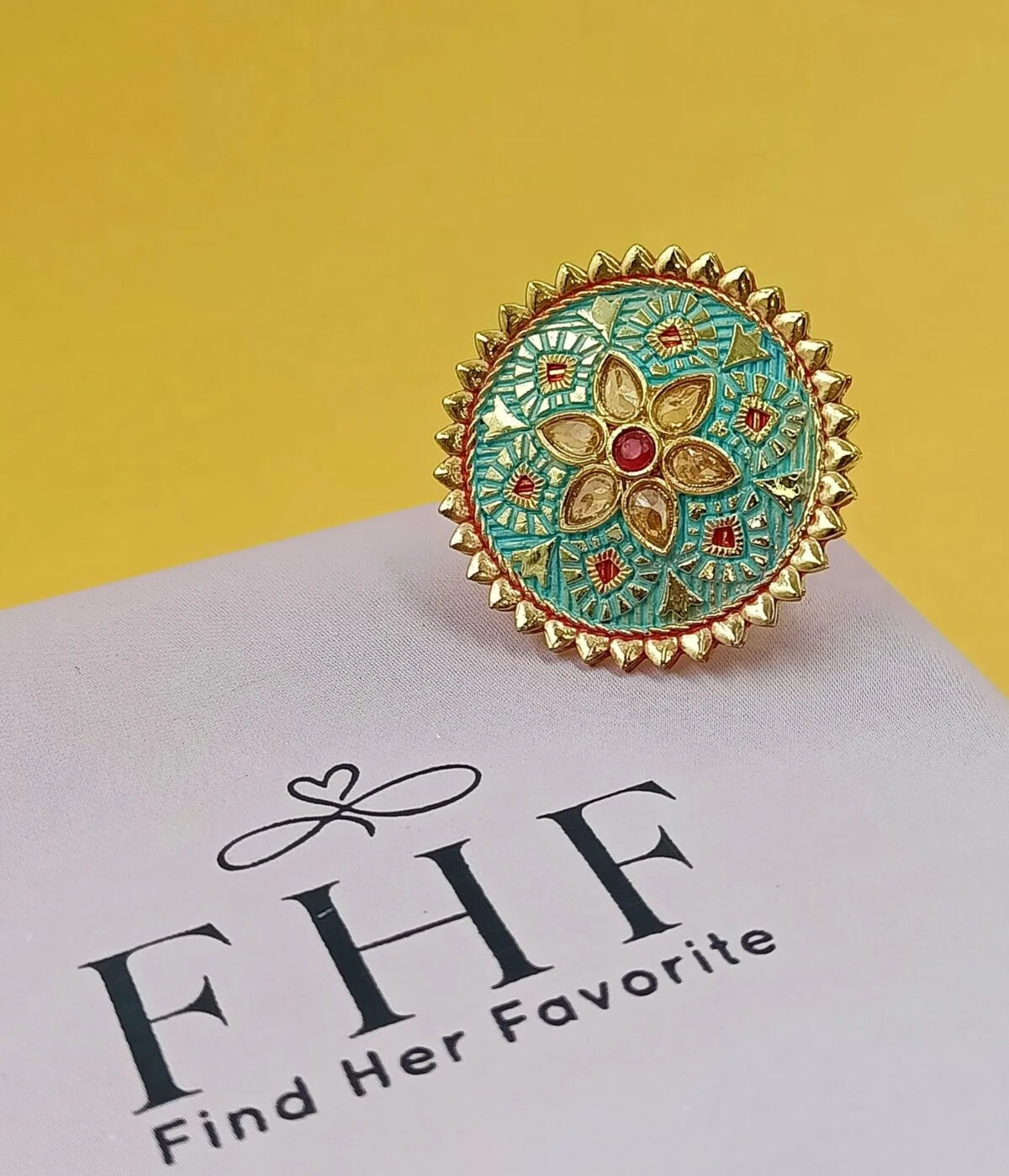 Gold Plated Adjustable Green Meenakri Ring(16) - Image 2