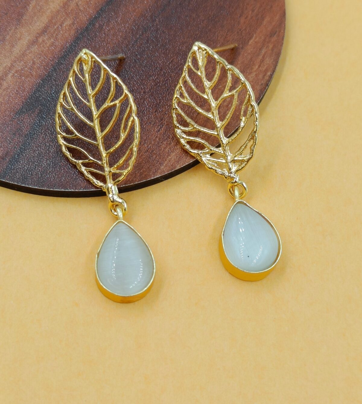 Gold Plated White Stone Designer Leaf Drop Earrings