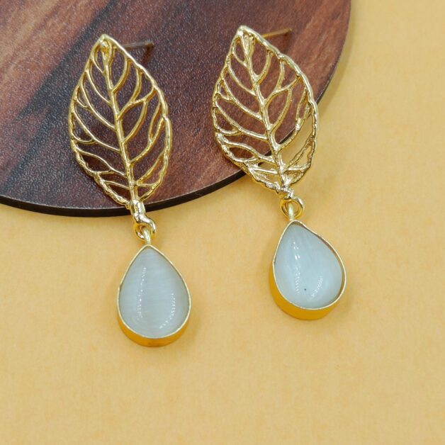 Gold Plated White Stone Designer Leaf Drop Earrings