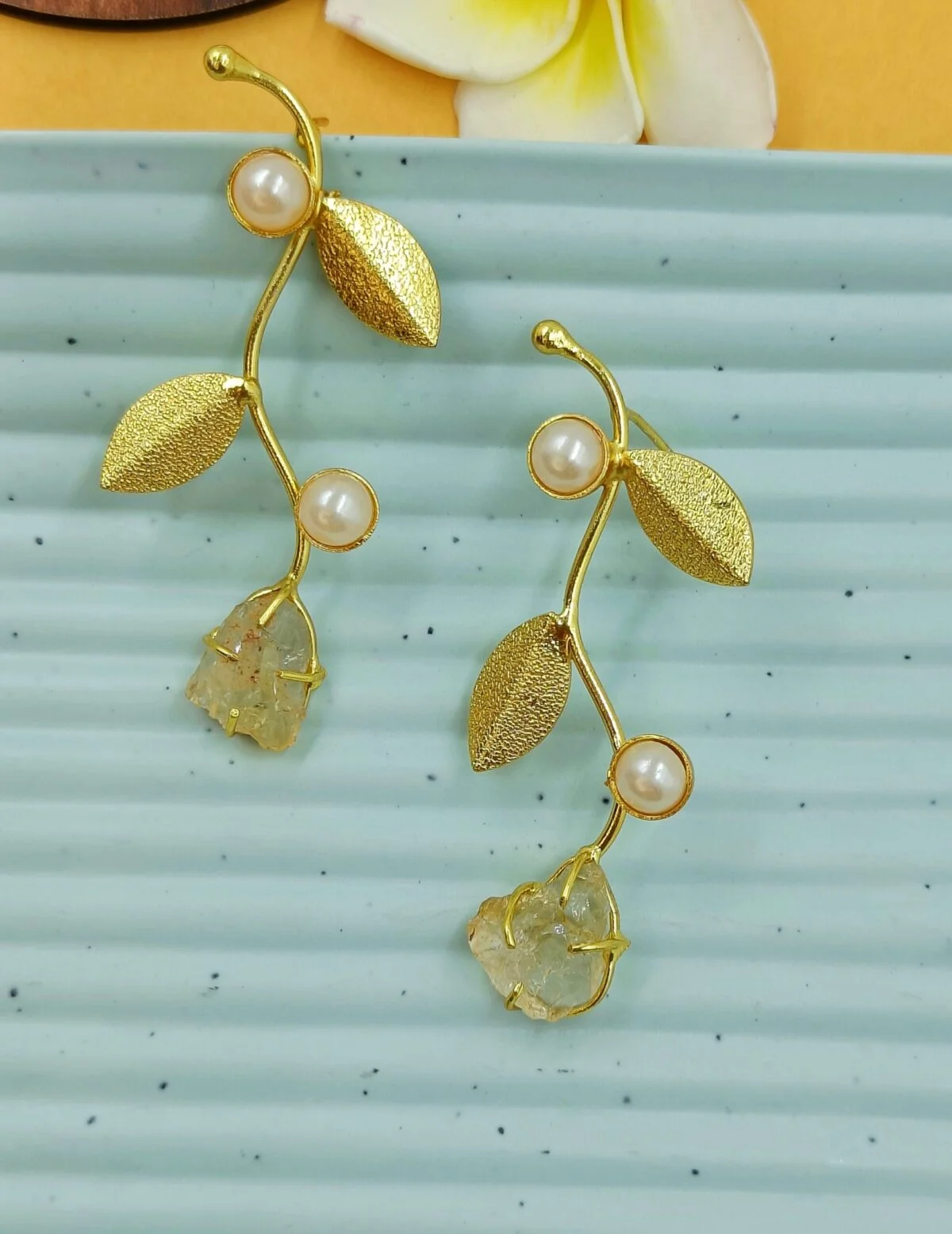 Gold Plated Wavy Designer Dangler Earrings with Semi Precious Stone Studded - Image 2