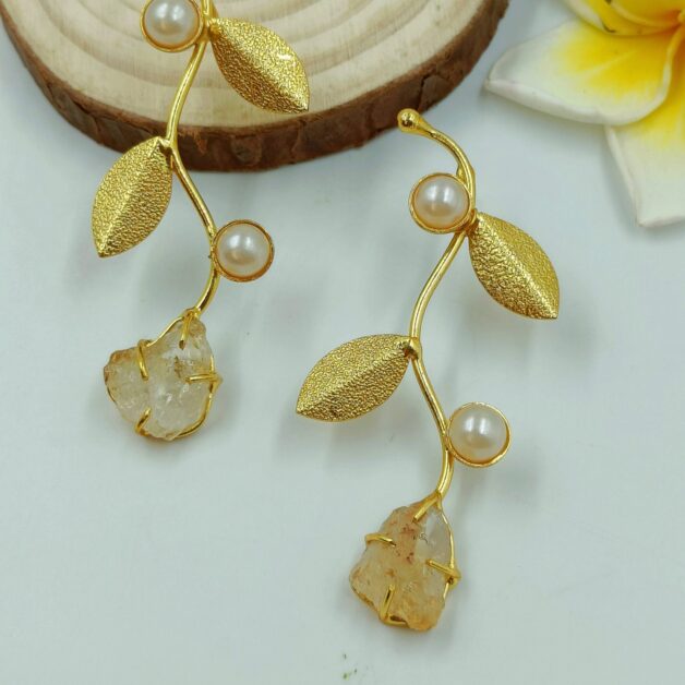 Gold Plated Wavy Designer Dangler Earrings with Semi Precious Stone Studded
