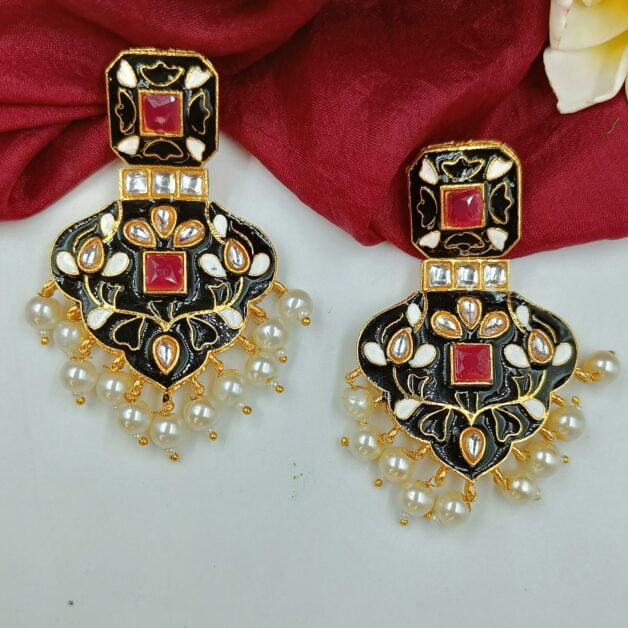 Gold Plated Kundan Meenakari Traditional Earrings- Black