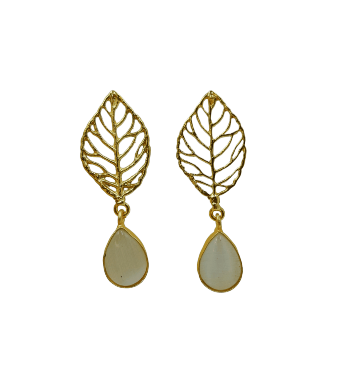 Gold Plated White Stone Designer Leaf Drop Earrings - Image 3