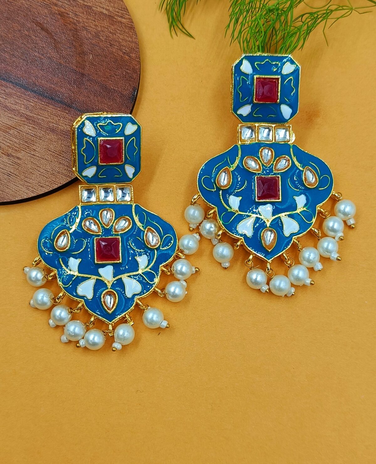 Gold Plated Kundan Meenakari Traditional Earring- Blue