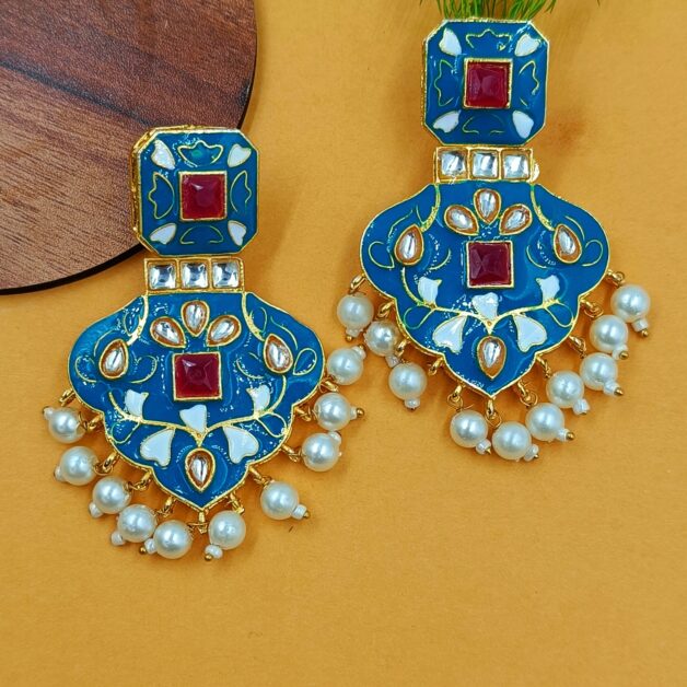 Gold Plated Kundan Meenakari Traditional Earring- Blue