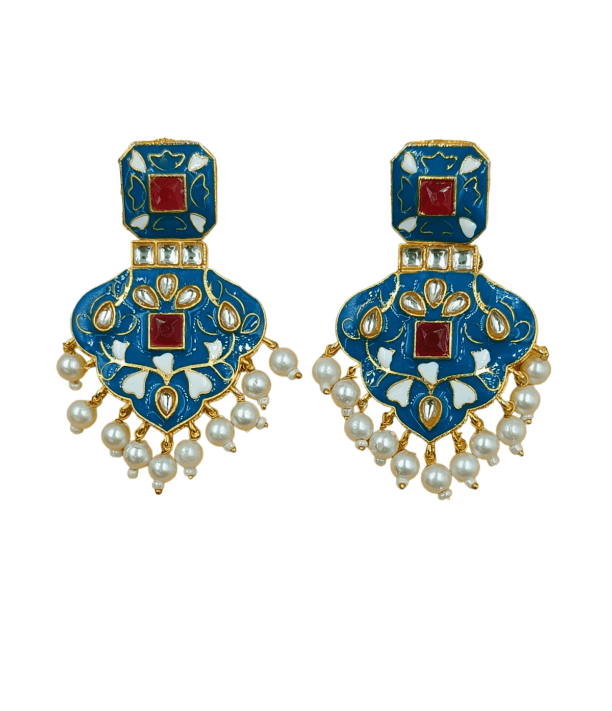 Gold Plated Kundan Meenakari Traditional Earring- Blue - Image 3