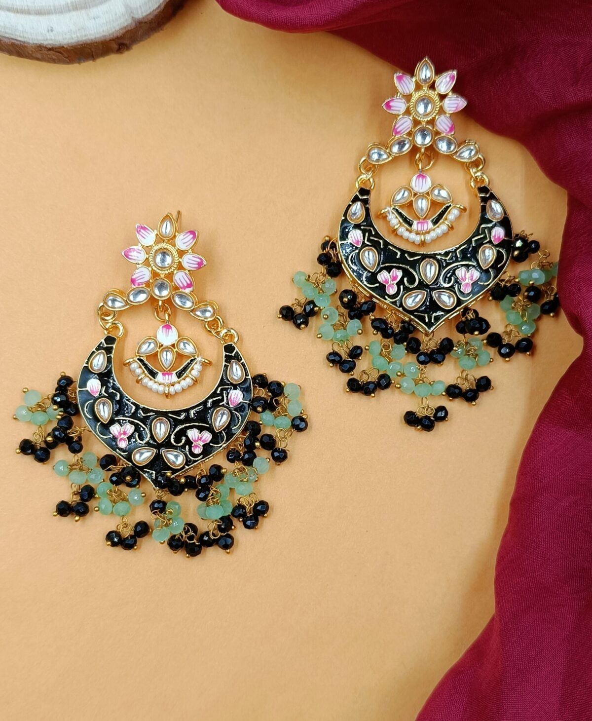 Gold Plated Black Meenakari Kundan Studded Beaded Chandbali