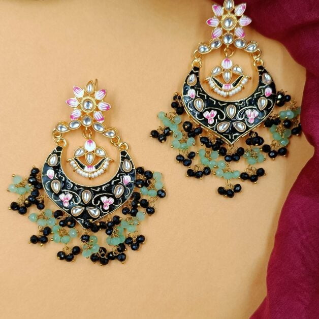 Gold Plated Black Meenakari Kundan Studded Beaded Chandbali