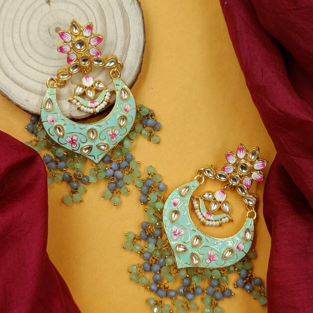 Gold Plated Green Meenakari Kundan Studded Beaded Chandbali