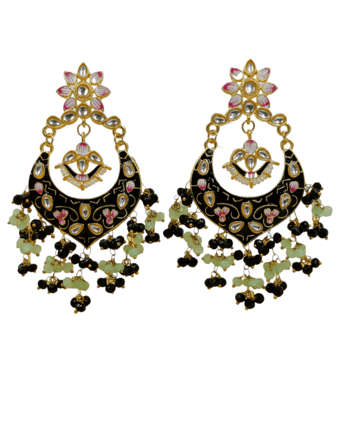 Gold Plated Black Meenakari Kundan Studded Beaded Chandbali - Image 3