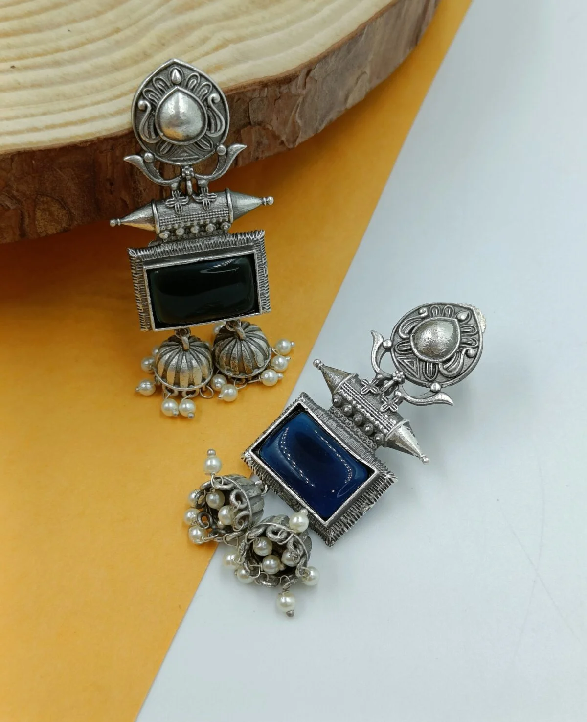 Silver Plated Brass Blue Rectangle Stone Traditional Earrings