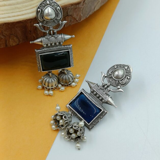 Silver Plated Brass Blue Rectangle Stone Traditional Earrings