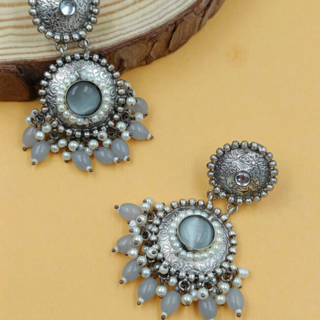 Antique Silver Plated Brass Grey Stone Studded Earrings