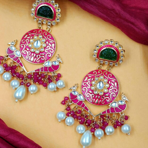 Gold Plated Pink Meenakari Beaded Traditional Earring with Green Stone