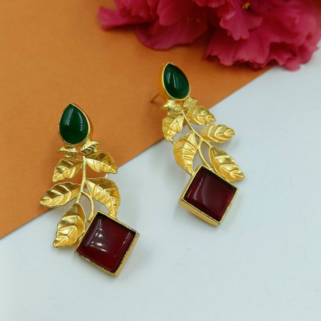Gold Plated Brass Leafy Red and Green Stone Earrings