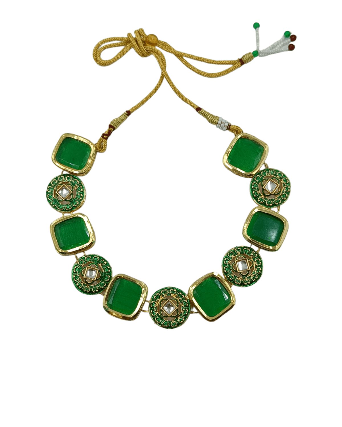 Gold Plated Designer Green Kundan Meenakari Necklace Set - Image 2