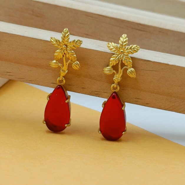 Gold Plated Brass Red Stone Flower Drop Earring