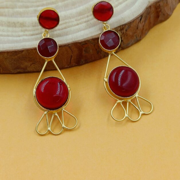 Gold Plated Three Red Stone Dangler Earrings