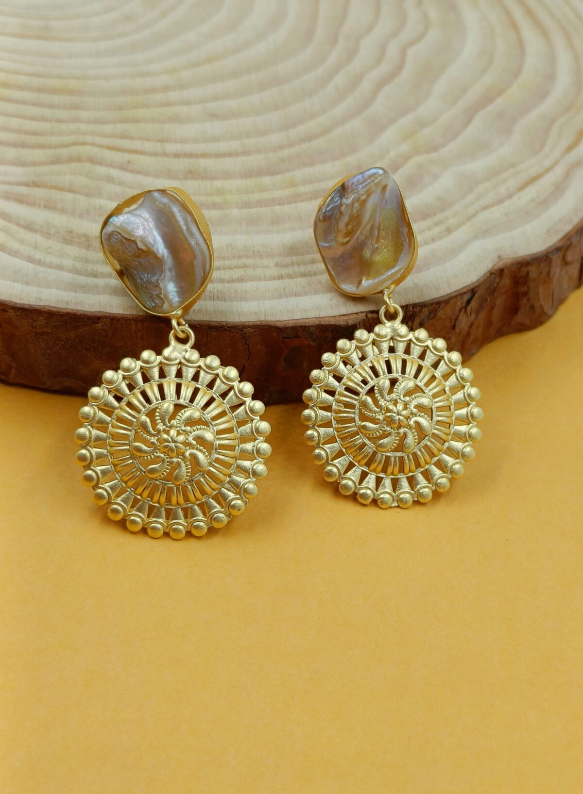 Gold Plated Baroque Stone Manadala Art Designer Dangler Earrings