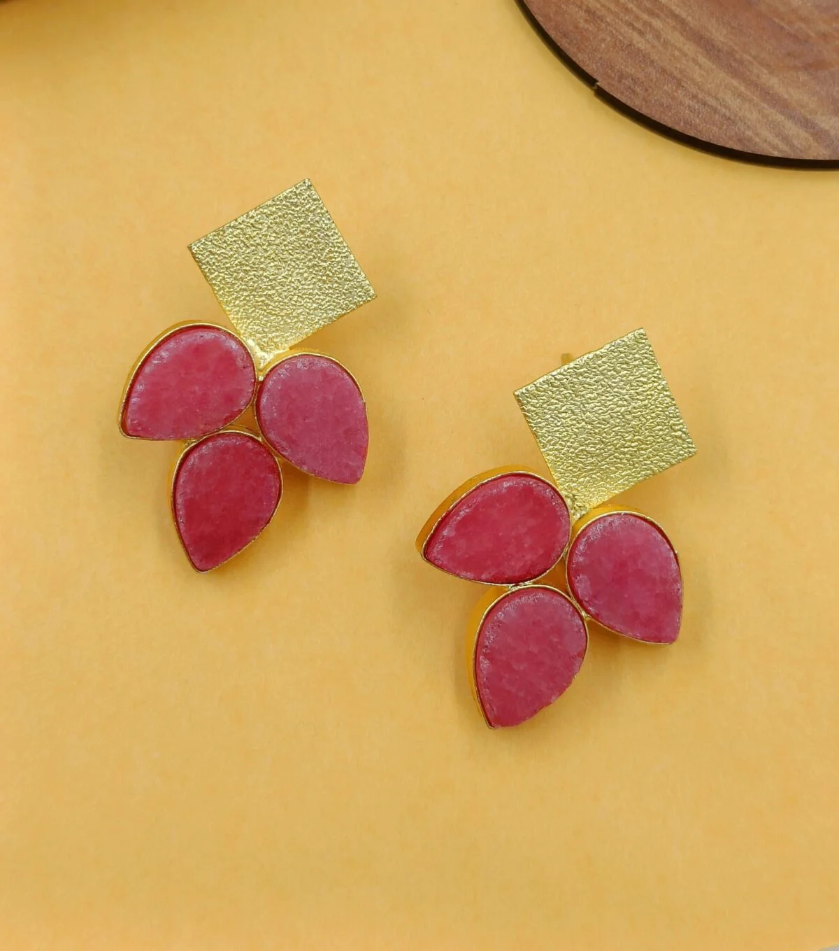 Gold Plated Matte Finish Three Pink Stone Studded Earrings