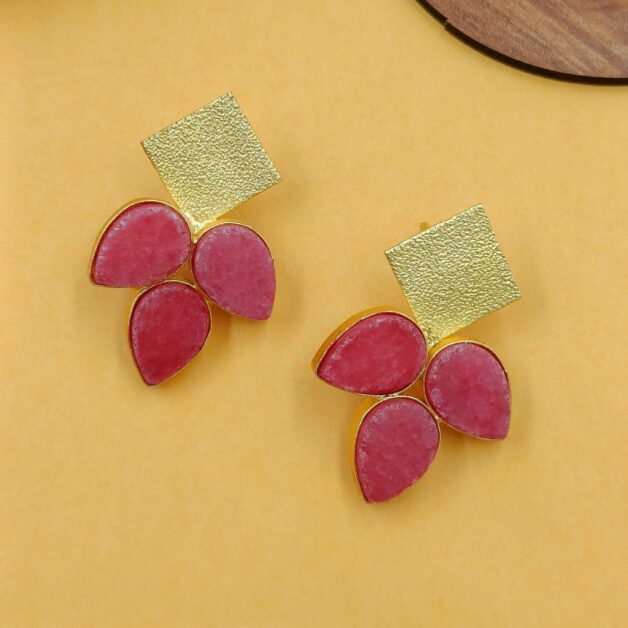 Gold Plated Matte Finish Three Pink Stone Studded Earrings