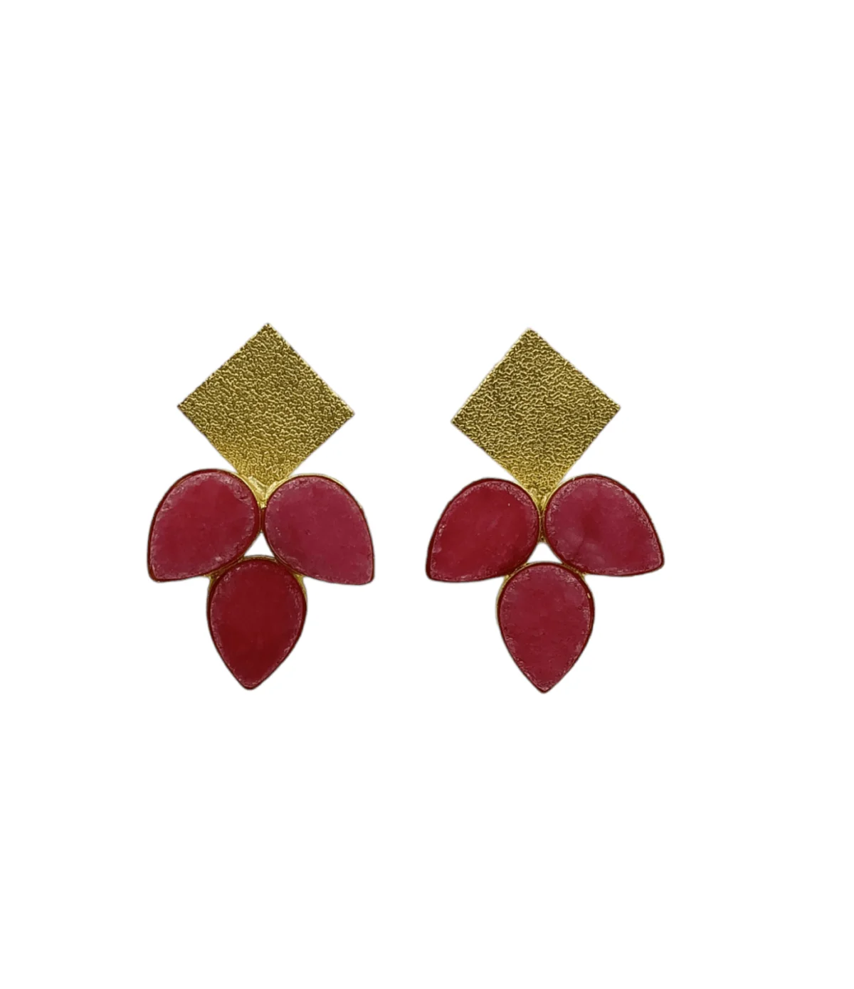 Gold Plated Matte Finish Three Pink Stone Studded Earrings - Image 4