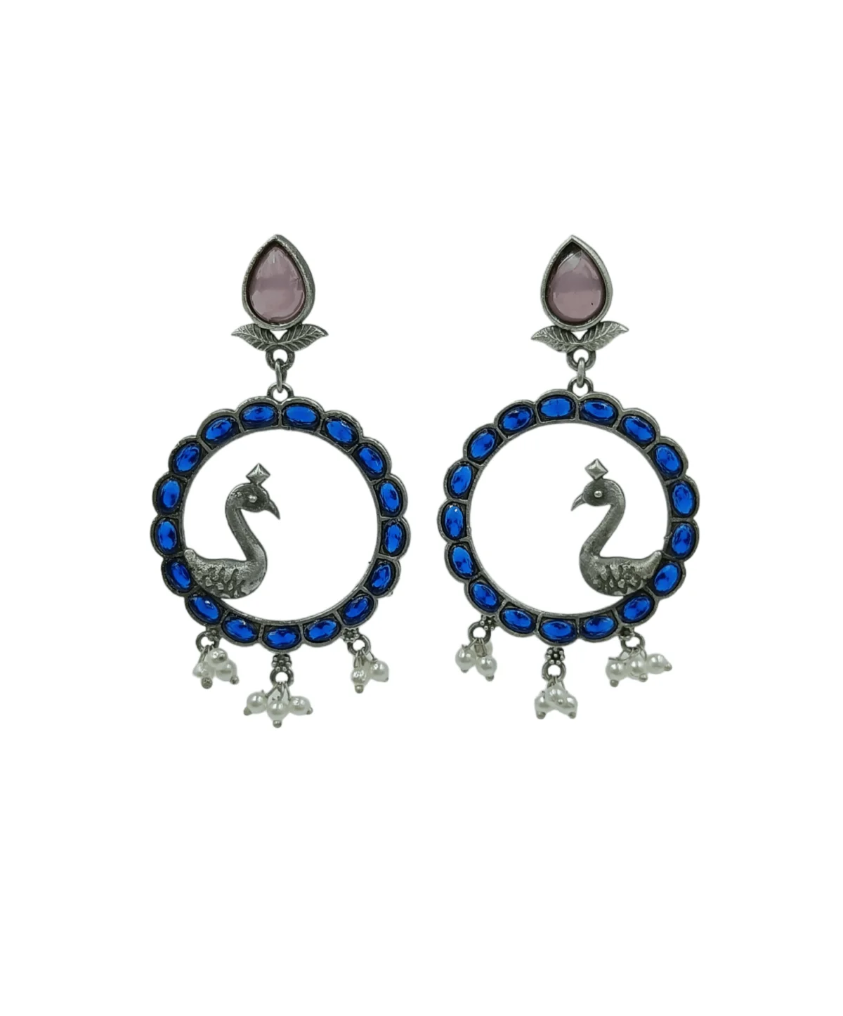 Silver Plated Brass Blue Pink Stone Peacock Earrings - Image 2