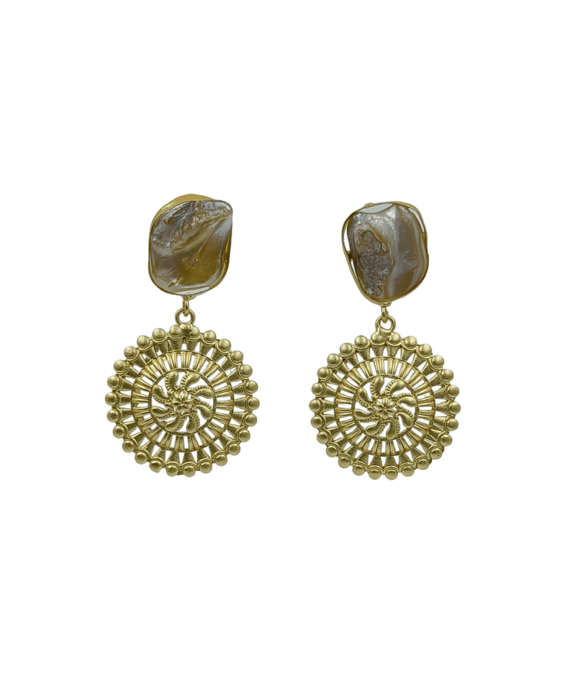 Gold Plated Baroque Stone Manadala Art Designer Dangler Earrings - Image 3