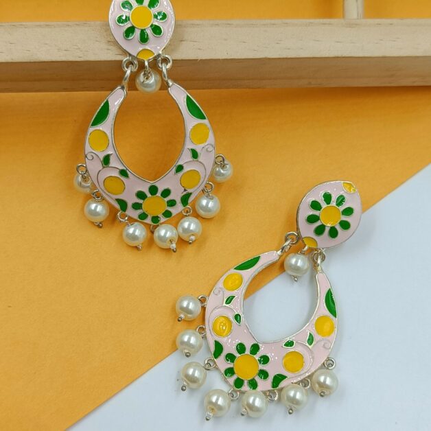 Hand Painted Chandbali Earrings- Peach
